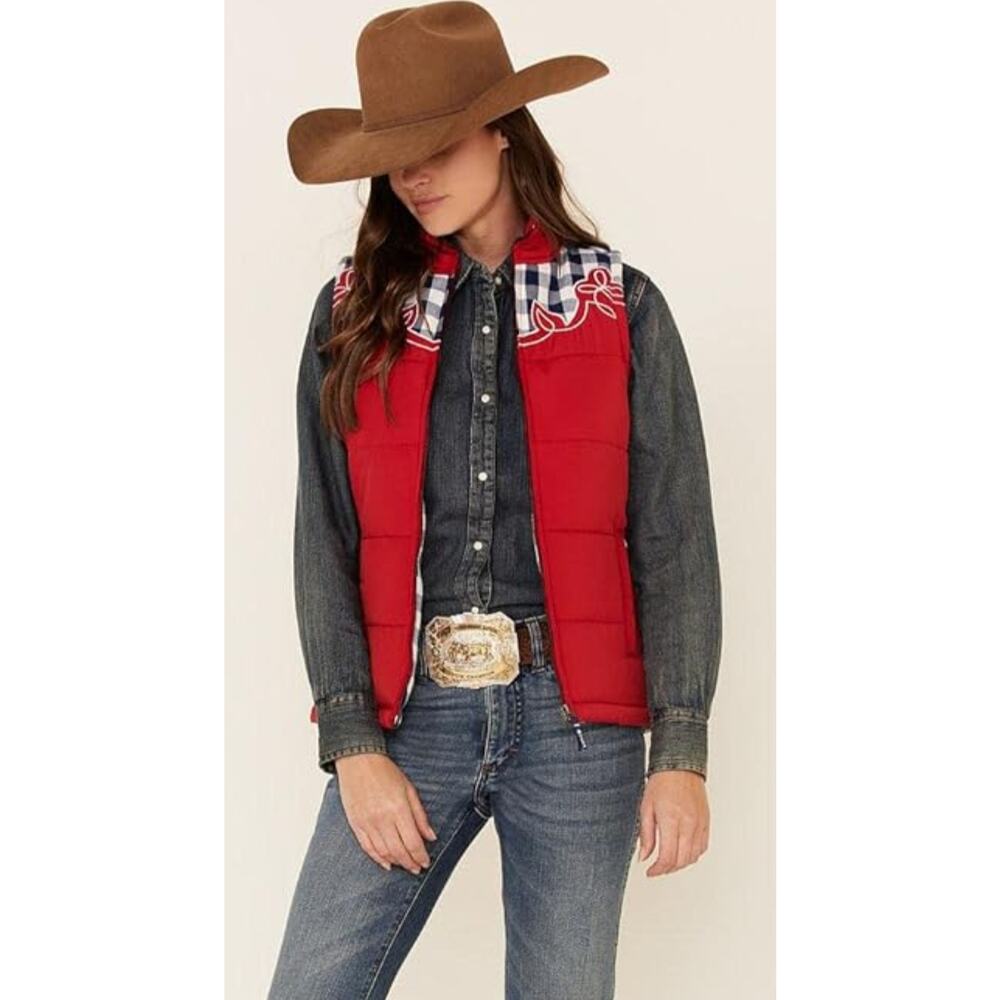 Cruel Denim red and blue buffalo plaid embroidered puffer vest Large Western